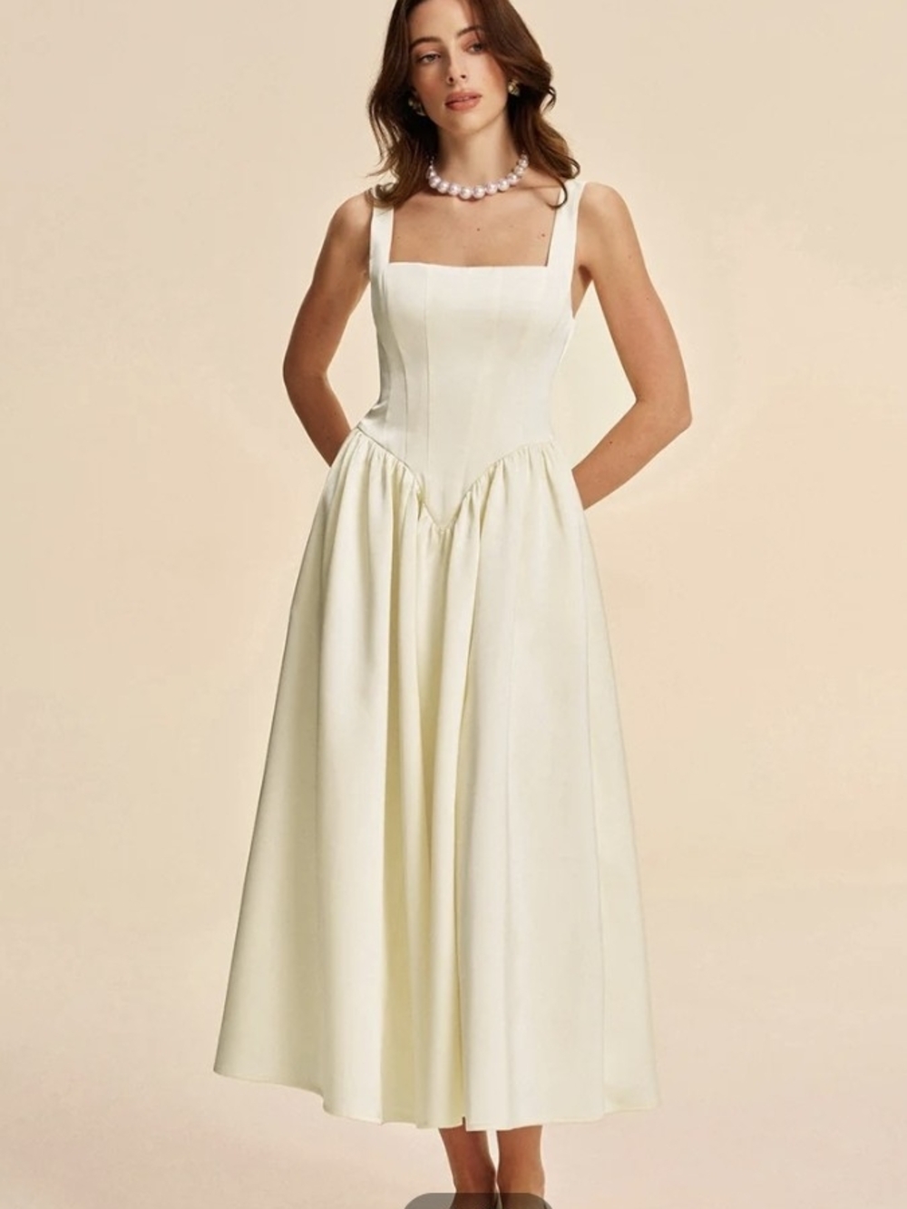 Cream Sleeveless Midi Dress with Square Neck - Picture 4 of 5